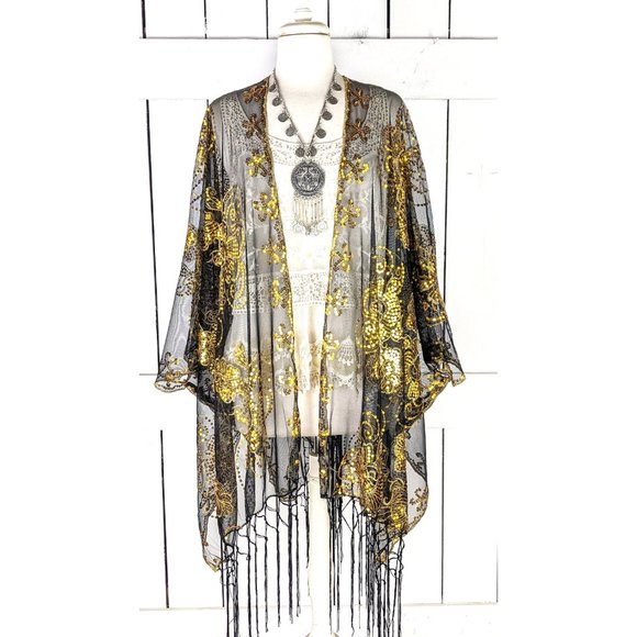 Gold black floral sequin sheer kimono cover up jacket - Picture 2 of 6